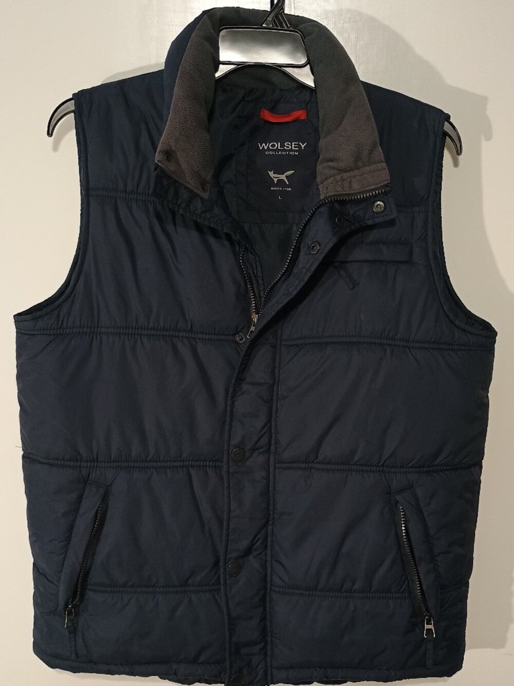 Wolsey Collection Men’s Navy Blue Quilted Puffer Vest Size L Full Zip Snap Front